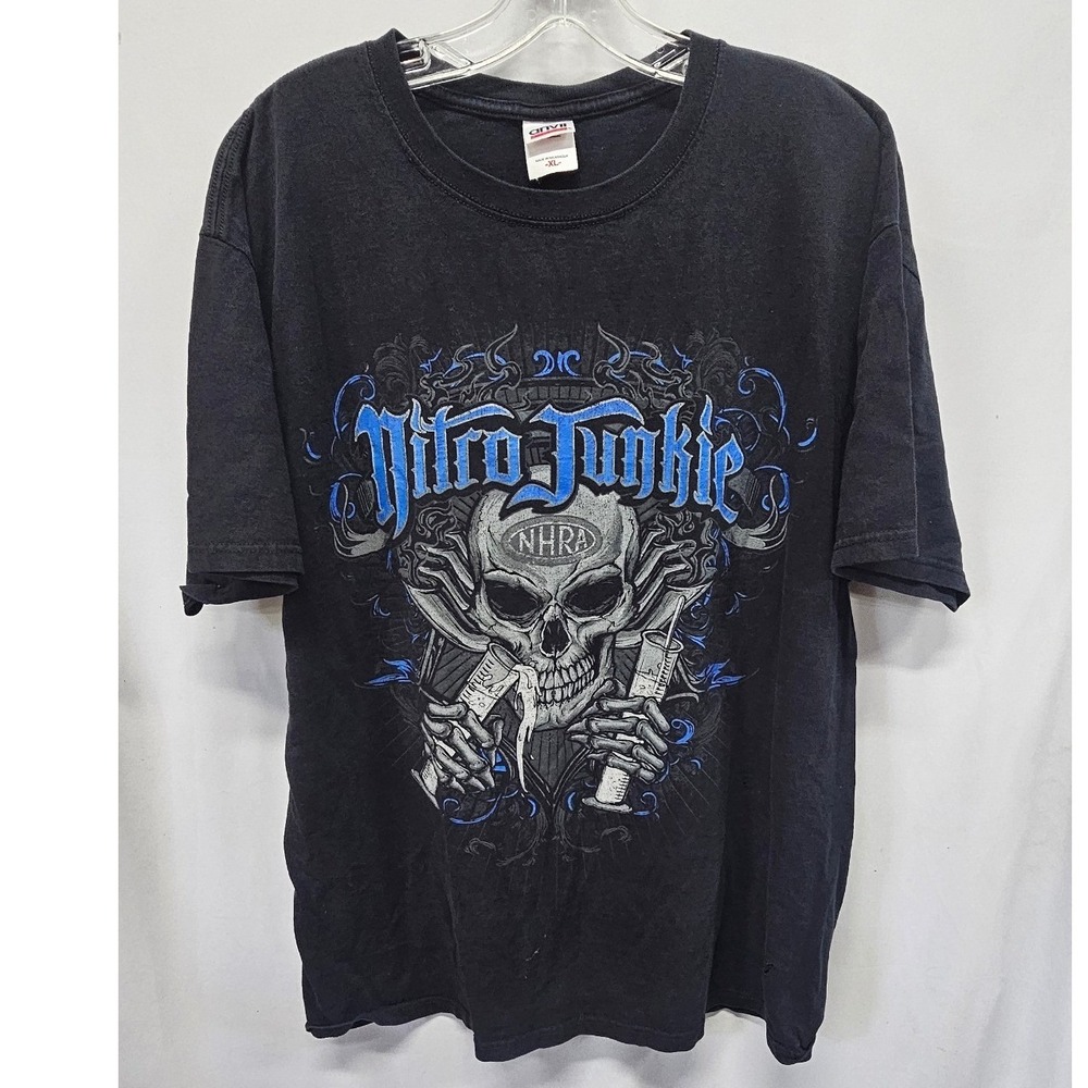 Anvil Nitro Junkie NHRA Drag Racing Skull Graphic T-Shirt Black XL Short Sleeve